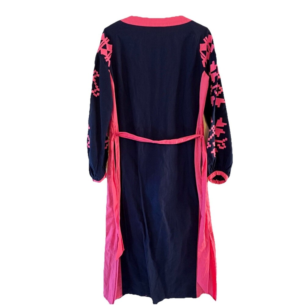Frances Valentine XS Navy Pink Embroidered Linen Cotton Midi Dress Belted - Picture 5 of 11